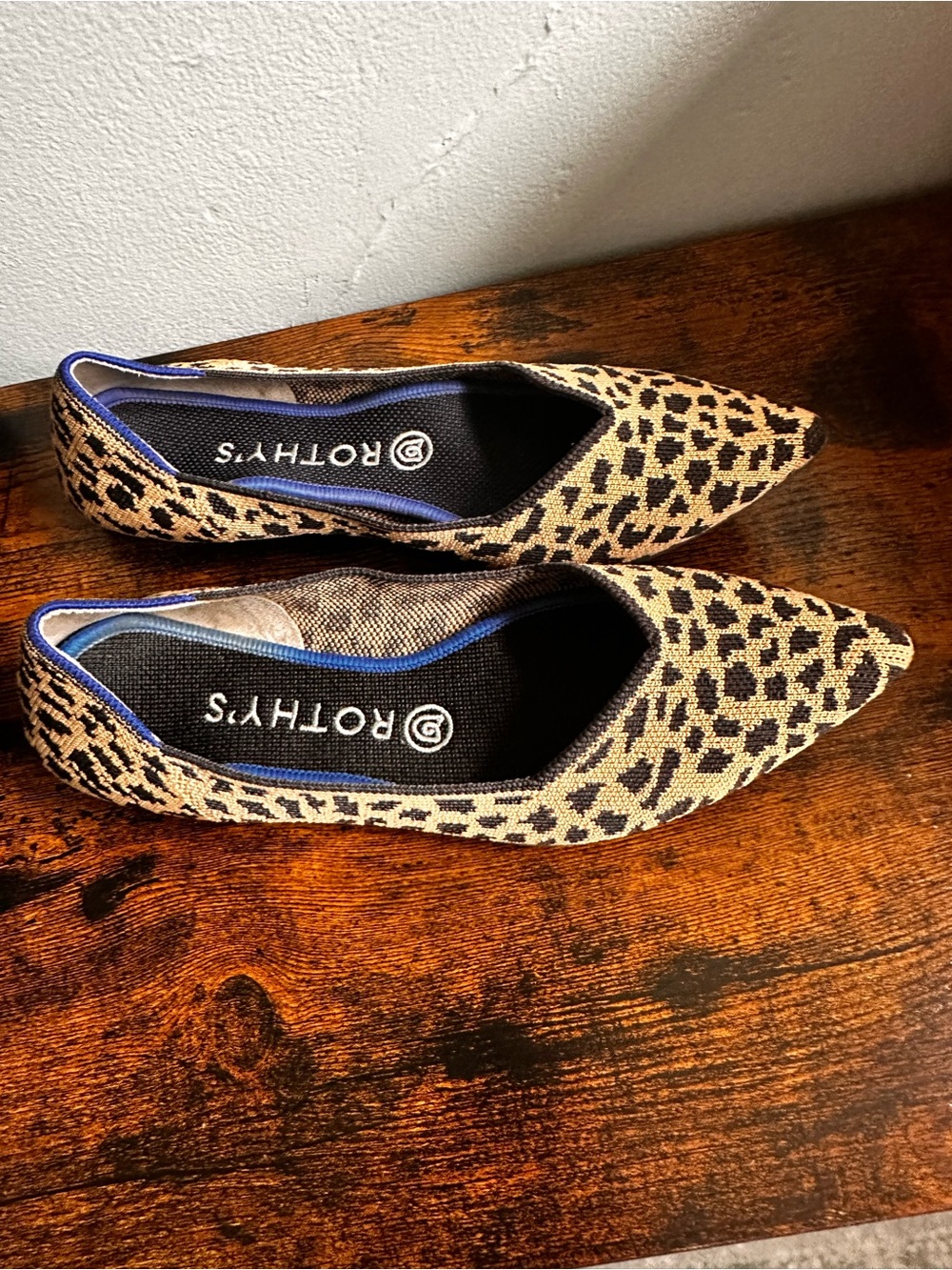 Rothy's Leopard Print Pointed Flats in Tan, Black & Blue Trim